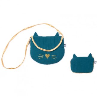 Sac + porte monnaie chat vert paon