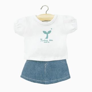 Ensemble t-shirt Lilou blanc "Sirène des mers" + jupe jean clair