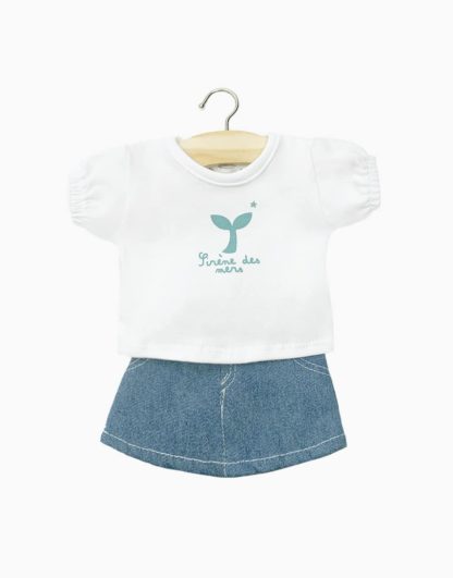 Ensemble t-shirt Lilou blanc "Sirène des mers" + jupe jean clair