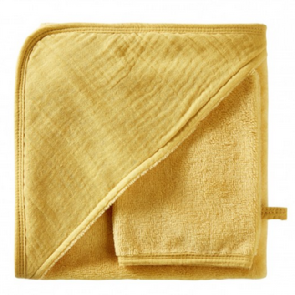 Cape de bain et gant de toilette moutarde