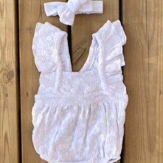 Barboteuse + bandeau blanc brodé 6M